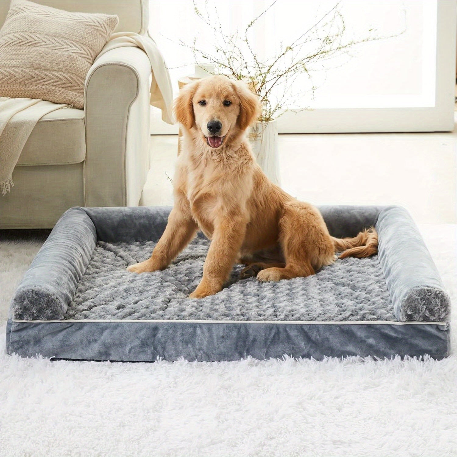 Three-Sided Protection Cervical Design, Luxury Rose Velvet Dog Bed/Cat Bed, Breathable and Refreshing for All Seasons, Durable Soft Long Plush