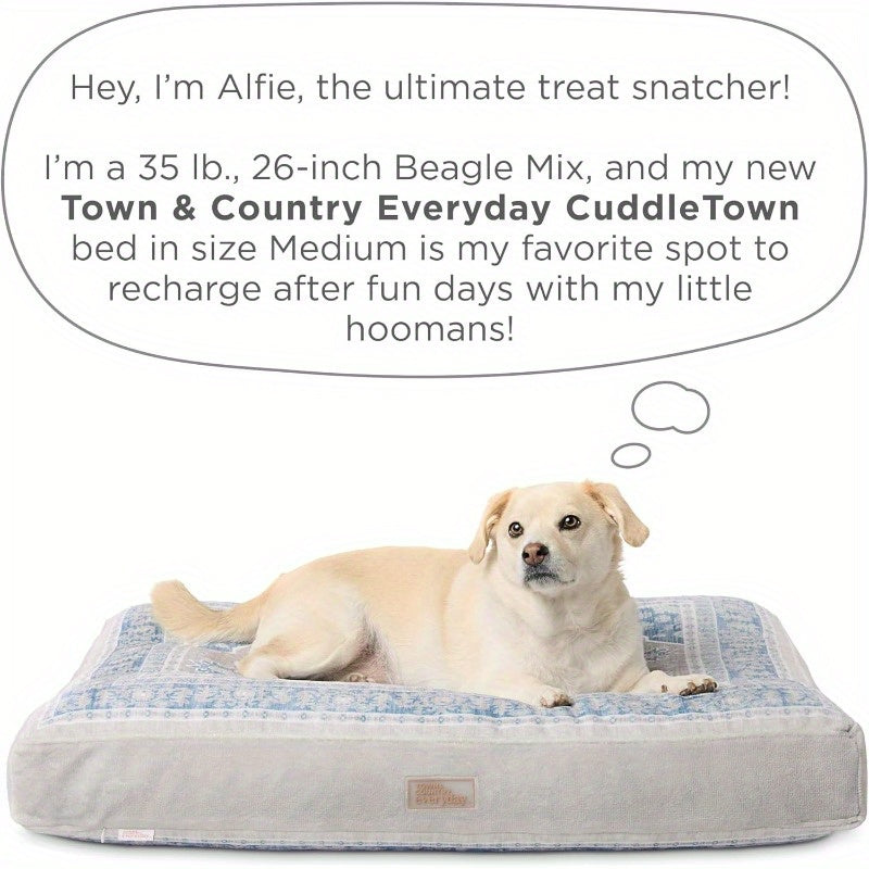 CuddleTown Medallion Everwash Dog Bed, Machine Washable, Soft & Calming Blue Greige Cover, 36"x28"x4" for Medium Dogs, Plush Pet Bed with Plush Pillow, Cozy Home Decor, Petfriendly Design, Durable Pet Product