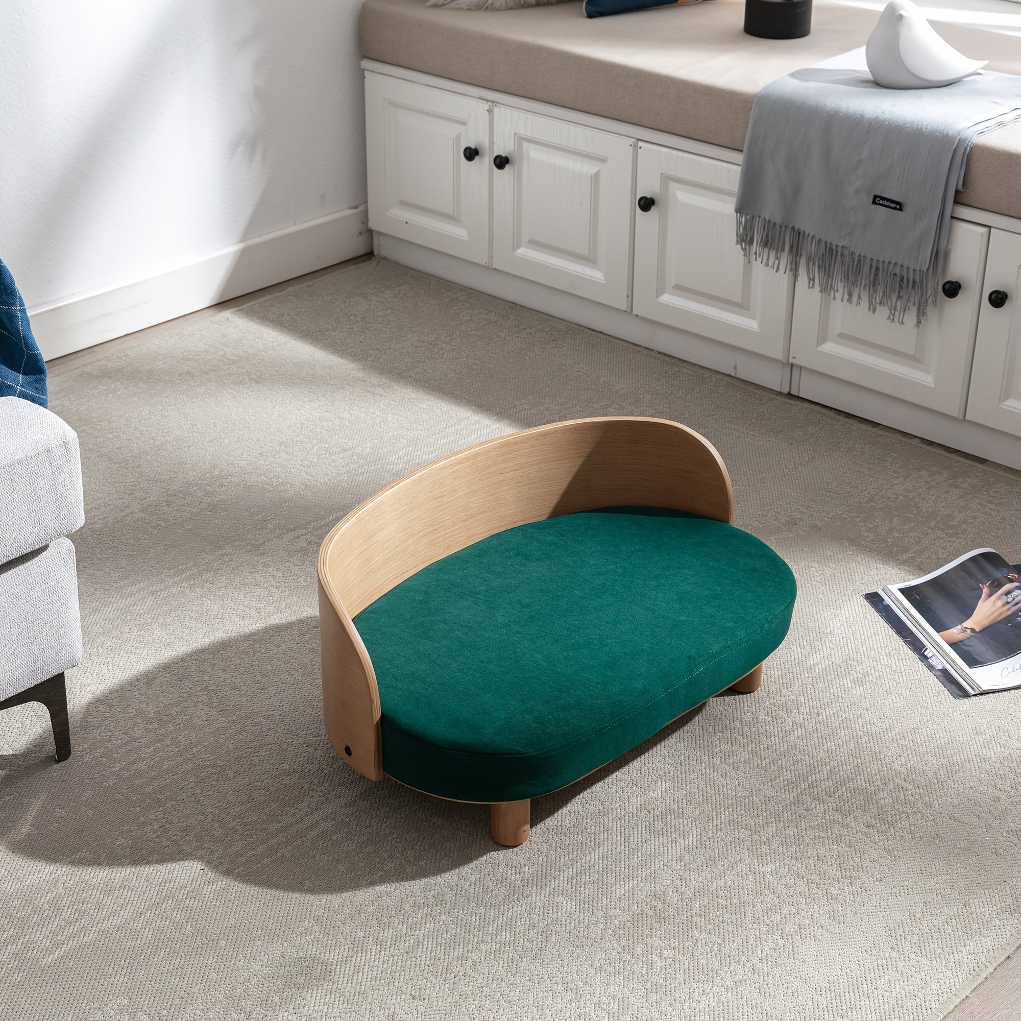 Yggn Pet Sofa Bed with Walnut Wood Legs & Curved Backrest - Scratch-Resistant, Anti-Slip Dog Bed, Easy Assembly Modern hardwood Furniture for Small/Medium Dogs - Living Room, Bedroom Decor, Elegant Pet Furniture, Velvetlike Fabric