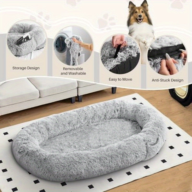 Extra Large Human Dog Bed - 72x48x10 Inch Pet Bed with Blanket Side Pocket, High Quality & Washable Faux Fur Fabric, No Assembly Needed, Portable Indoor/Outdoor Dog Bed for Large Breeds, Spacious Design for Adults & Pets, Durable Pet Bed for Home, Travel,