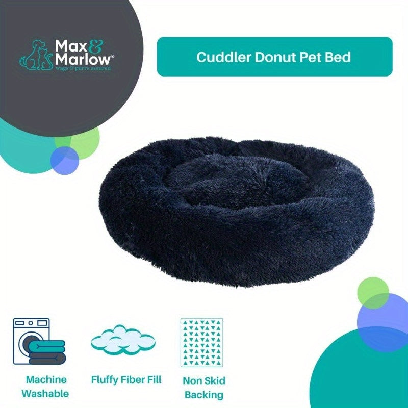 Medium Navy Blue Long Lush Faux Fur Anti-Anxiety Cuddler Donut Dog & Cat Bed with Non-Slip Bottom, Plush Poly Fill Support, Machine-Washable Cover for Small to Large Pets (Up to 55lbs), Pet Relaxation Spot, Cozy Pet Furniture, Durable Pet Bedding