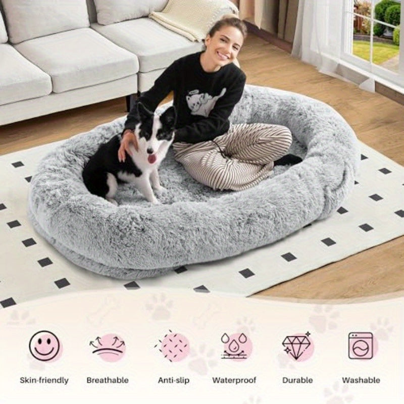 Extra Large Human Dog Bed - 72x48x10 Inch Pet Bed with Blanket Side Pocket, High Quality & Washable Faux Fur Fabric, No Assembly Needed, Portable Indoor/Outdoor Dog Bed for Large Breeds, Spacious Design for Adults & Pets, Durable Pet Bed for Home, Travel,
