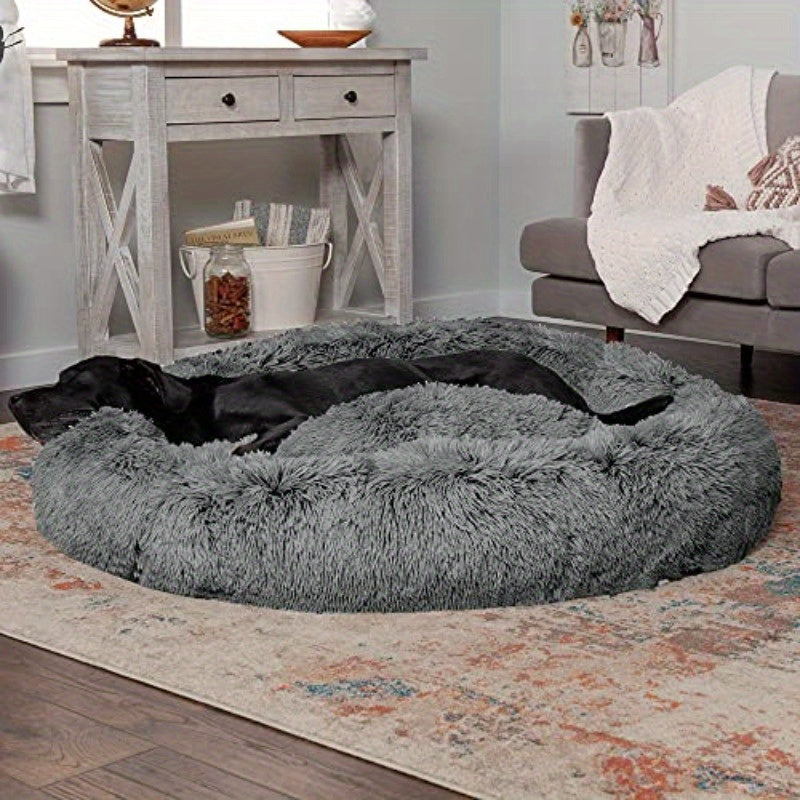 Jumbo XL (45" Round) Dog Bed - Extra Large Donut Bed with Removable Washable Cover & Refillable Interior - Heavy Duty Cushion for Large Breeds up to 90 lbs - Machine Washable Pet Bed for Great Danes, Mastiffs - Gray, Large Dog Bed, Plush Faux Fur Surface