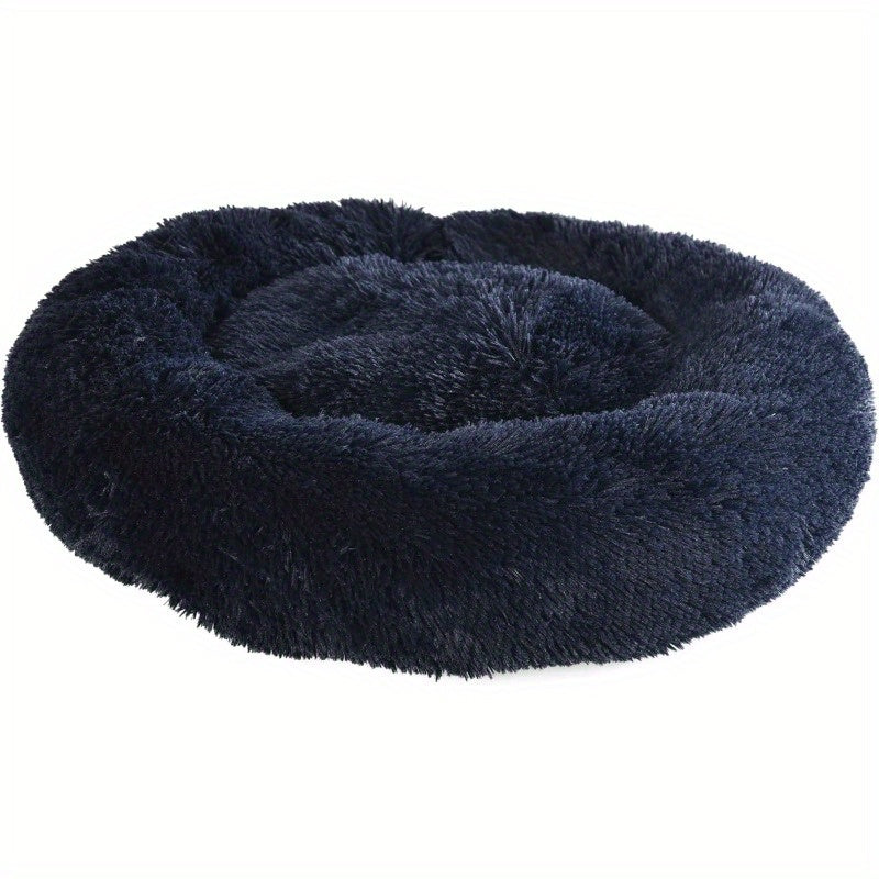 Medium Navy Blue Long Lush Faux Fur Anti-Anxiety Cuddler Donut Dog & Cat Bed with Non-Slip Bottom, Plush Poly Fill Support, Machine-Washable Cover for Small to Large Pets (Up to 55lbs), Pet Relaxation Spot, Cozy Pet Furniture, Durable Pet Bedding