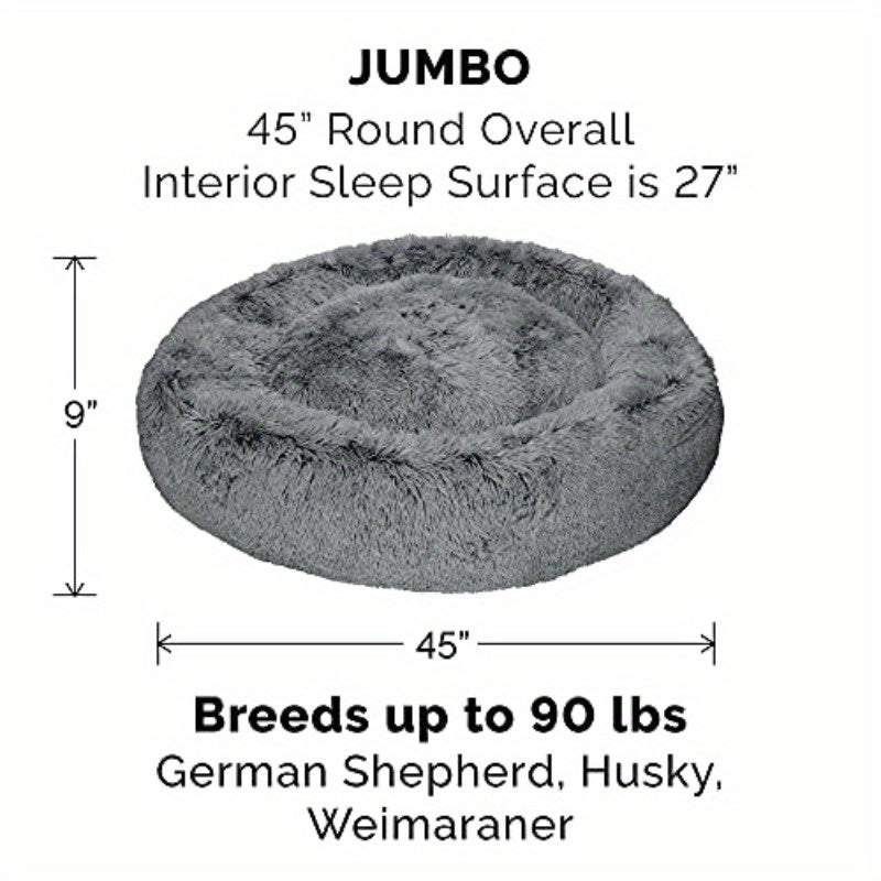 Jumbo XL (45" Round) Dog Bed - Extra Large Donut Bed with Removable Washable Cover & Refillable Interior - Heavy Duty Cushion for Large Breeds up to 90 lbs - Machine Washable Pet Bed for Great Danes, Mastiffs - Gray, Large Dog Bed, Plush Faux Fur Surface