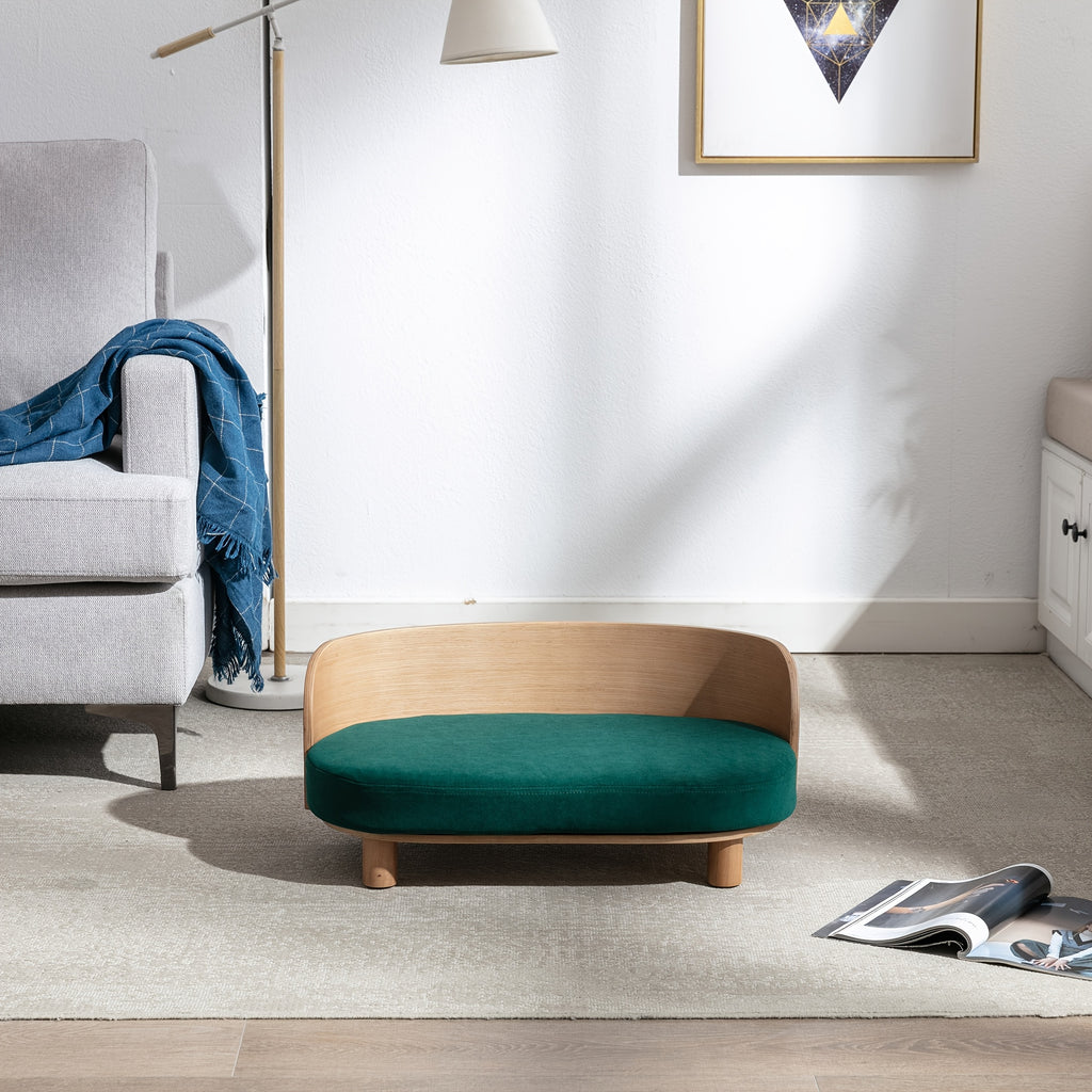 Yggn Pet Sofa Bed with Walnut Wood Legs & Curved Backrest - Scratch-Resistant, Anti-Slip Dog Bed, Easy Assembly Modern hardwood Furniture for Small/Medium Dogs - Living Room, Bedroom Decor, Elegant Pet Furniture, Velvetlike Fabric