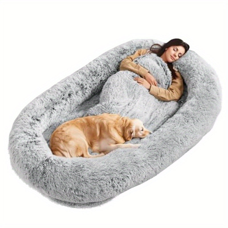 Extra Large Human Dog Bed - 72x48x10 Inch Pet Bed with Blanket Side Pocket, High Quality & Washable Faux Fur Fabric, No Assembly Needed, Portable Indoor/Outdoor Dog Bed for Large Breeds, Spacious Design for Adults & Pets, Durable Pet Bed for Home, Travel,