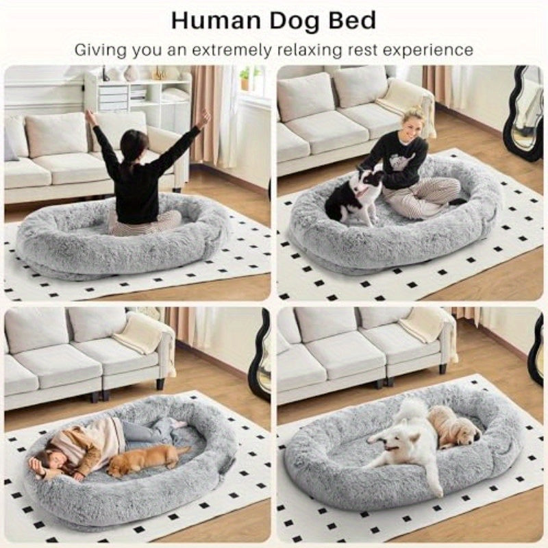 Extra Large Human Dog Bed - 72x48x10 Inch Pet Bed with Blanket Side Pocket, High Quality & Washable Faux Fur Fabric, No Assembly Needed, Portable Indoor/Outdoor Dog Bed for Large Breeds, Spacious Design for Adults & Pets, Durable Pet Bed for Home, Travel,