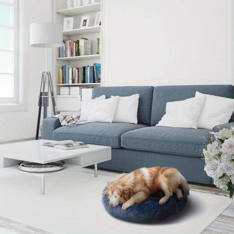 Medium Navy Blue Long Lush Faux Fur Anti-Anxiety Cuddler Donut Dog & Cat Bed with Non-Slip Bottom, Plush Poly Fill Support, Machine-Washable Cover for Small to Large Pets (Up to 55lbs), Pet Relaxation Spot, Cozy Pet Furniture, Durable Pet Bedding