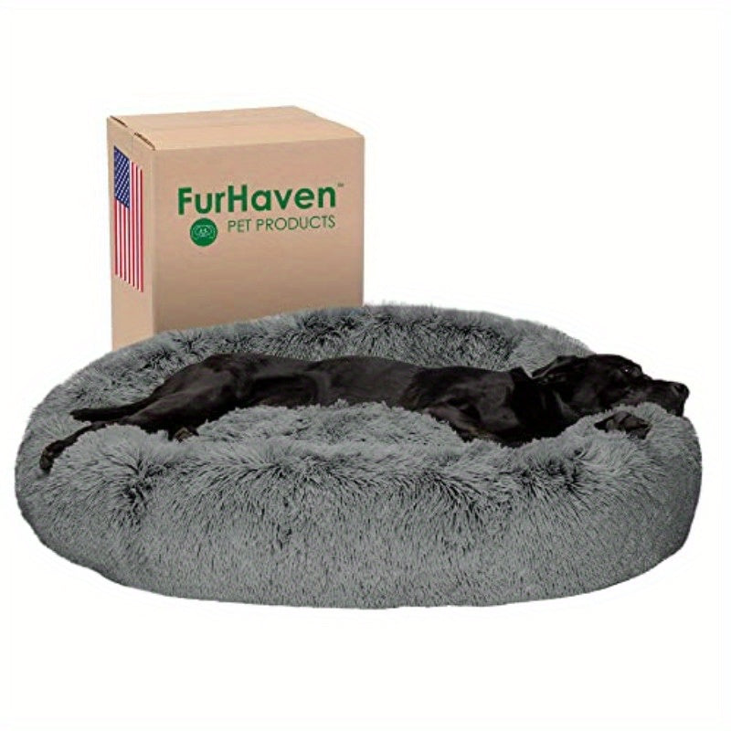 Jumbo XL (45" Round) Dog Bed - Extra Large Donut Bed with Removable Washable Cover & Refillable Interior - Heavy Duty Cushion for Large Breeds up to 90 lbs - Machine Washable Pet Bed for Great Danes, Mastiffs - Gray, Large Dog Bed, Plush Faux Fur Surface