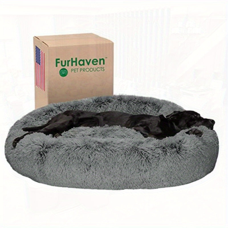 Jumbo XL (45" Round) Dog Bed - Extra Large Donut Bed with Removable Washable Cover & Refillable Interior - Heavy Duty Cushion for Large Breeds up to 90 lbs - Machine Washable Pet Bed for Great Danes, Mastiffs - Gray, Large Dog Bed, Plush Faux Fur Surface