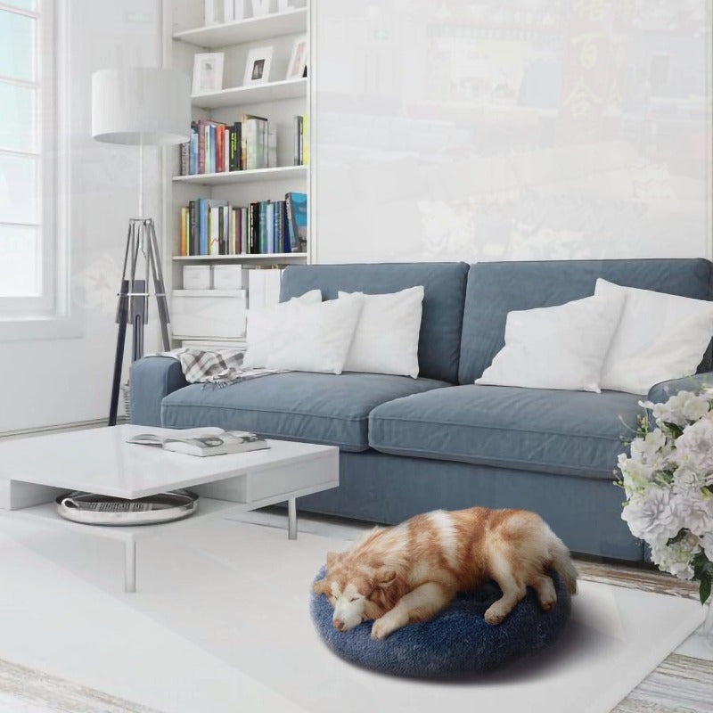 Medium Navy Blue Long Lush Faux Fur Anti-Anxiety Cuddler Donut Dog & Cat Bed with Non-Slip Bottom, Plush Poly Fill Support, Machine-Washable Cover for Small to Large Pets (Up to 55lbs), Pet Relaxation Spot, Cozy Pet Furniture, Durable Pet Bedding