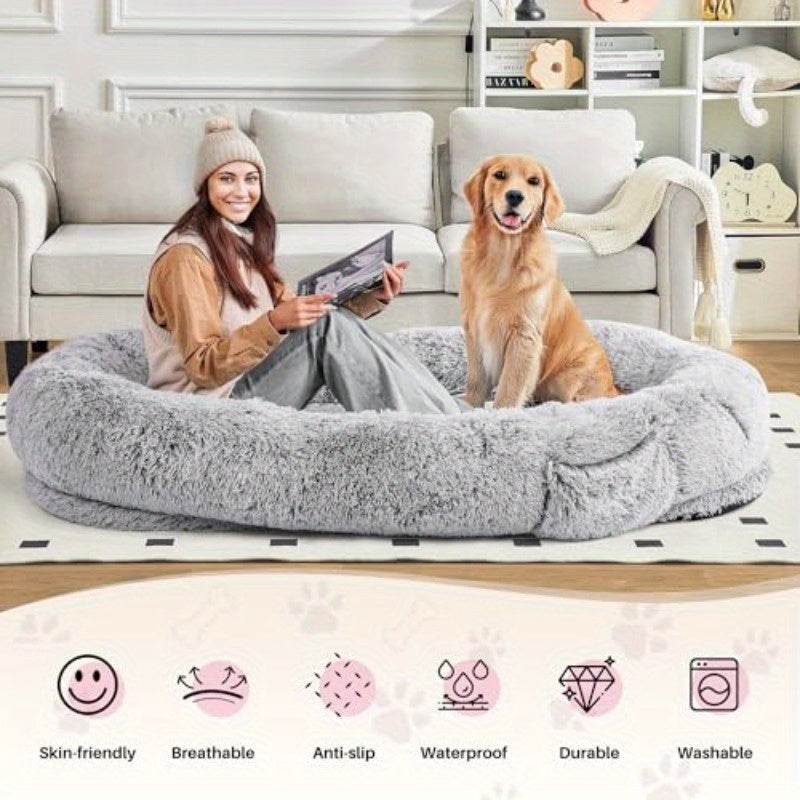 Extra Large Human Dog Bed - 72x48x10 Inch Pet Bed with Blanket Side Pocket, High Quality & Washable Faux Fur Fabric, No Assembly Needed, Portable Indoor/Outdoor Dog Bed for Large Breeds, Spacious Design for Adults & Pets, Durable Pet Bed for Home, Travel,